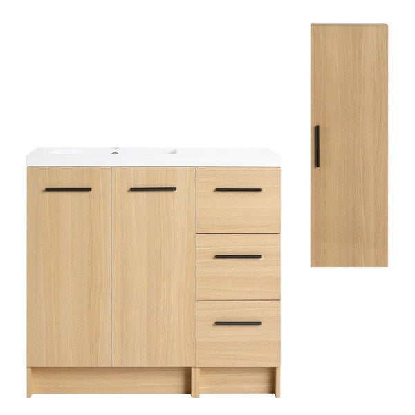 English Elm 36 Inch Freestanding Vanity Set with Linen Cabinet Resin Sink and Light Oak Finish Large Storage W3450S00099