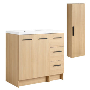 English Elm 36 Inch Freestanding Vanity Set with Linen Cabinet Resin Sink and Light Oak Finish Large Storage W3450S00099