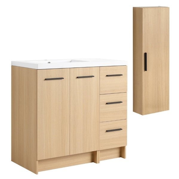 English Elm 36 Inch Freestanding Vanity Set with Linen Cabinet Resin Sink and Light Oak Finish Large Storage W3450S00099