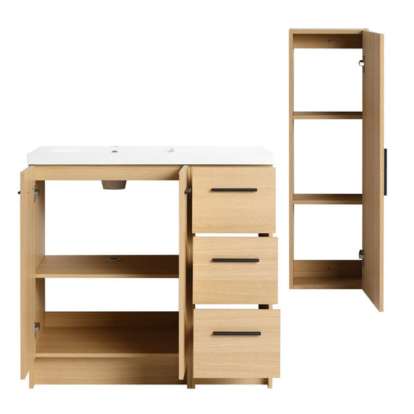 English Elm 36 Inch Freestanding Vanity Set with Linen Cabinet Resin Sink and Light Oak Finish Large Storage W3450S00099