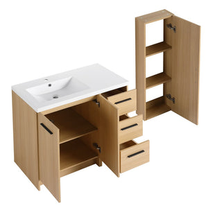 English Elm 36 Inch Freestanding Vanity Set with Linen Cabinet Resin Sink and Light Oak Finish Large Storage W3450S00099