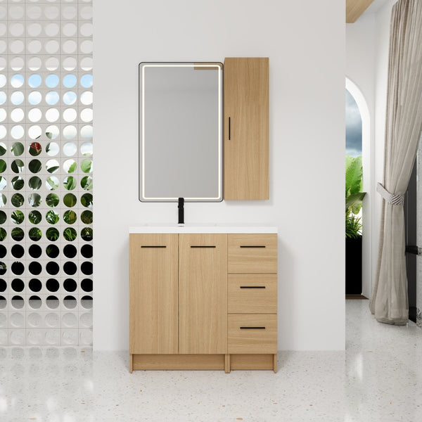 English Elm 36 Inch Freestanding Vanity Set with Linen Cabinet Resin Sink and Light Oak Finish Large Storage W3450S00099