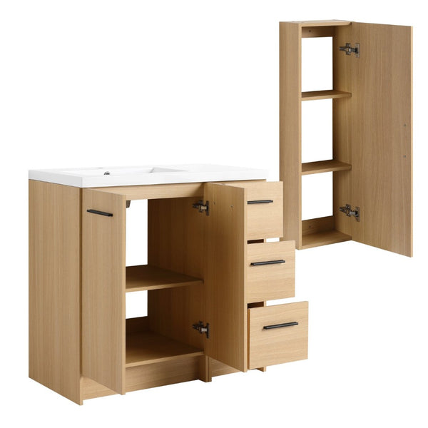English Elm 36 Inch Freestanding Vanity Set with Linen Cabinet Resin Sink and Light Oak Finish Large Storage W3450S00099