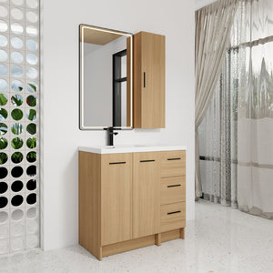English Elm 36 Inch Freestanding Vanity Set with Linen Cabinet Resin Sink and Light Oak Finish Large Storage W3450S00099