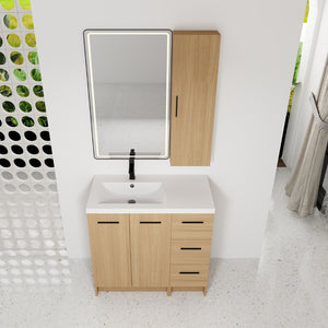 English Elm 36 Inch Freestanding Vanity Set with Linen Cabinet Resin Sink and Light Oak Finish Large Storage W3450S00099