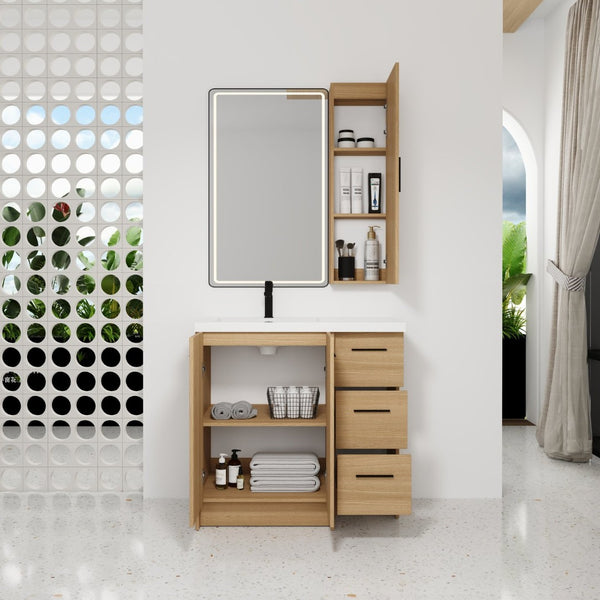 English Elm 36 Inch Freestanding Vanity Set with Linen Cabinet Resin Sink and Light Oak Finish Large Storage W3450S00099