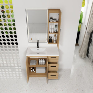 English Elm 36 Inch Freestanding Vanity Set with Linen Cabinet Resin Sink and Light Oak Finish Large Storage W3450S00099