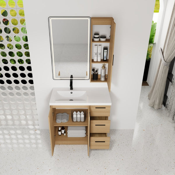 English Elm 36 Inch Freestanding Vanity Set with Linen Cabinet Resin Sink and Light Oak Finish Large Storage W3450S00099