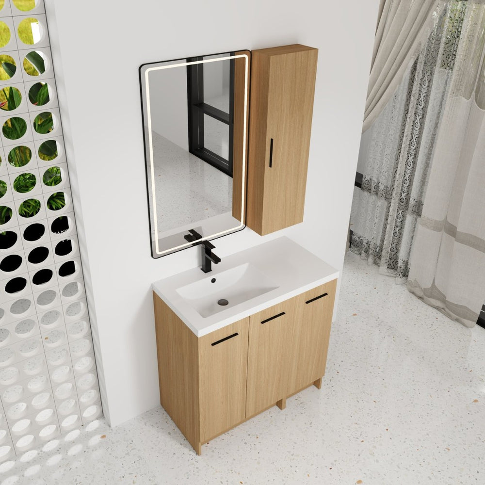 English Elm 36 Inch Bathroom Vanity Set with Linen Tower Resin Sink and Oak Finish Storage W3450S00101