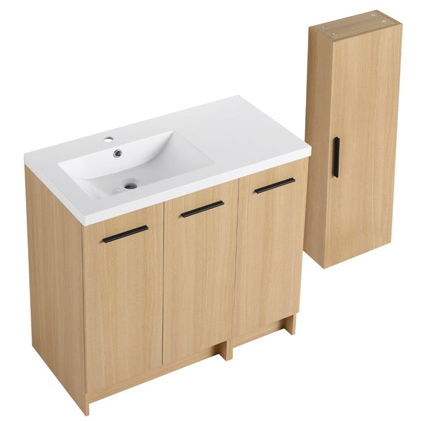 English Elm 36 Inch Bathroom Vanity Set with Linen Tower Resin Sink and Oak Finish Storage W3450S00101