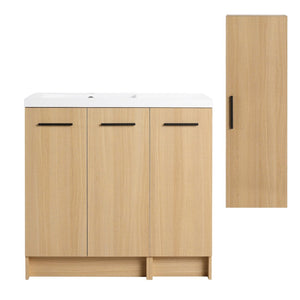 English Elm 36 Inch Bathroom Vanity Set with Linen Tower Resin Sink and Oak Finish Storage W3450S00101