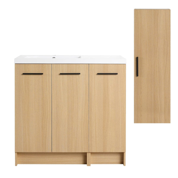 English Elm 36 Inch Bathroom Vanity Set with Linen Tower Resin Sink and Oak Finish Storage W3450S00101