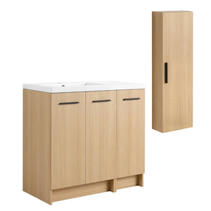 English Elm 36 Inch Bathroom Vanity Set with Linen Tower Resin Sink and Oak Finish Storage W3450S00101