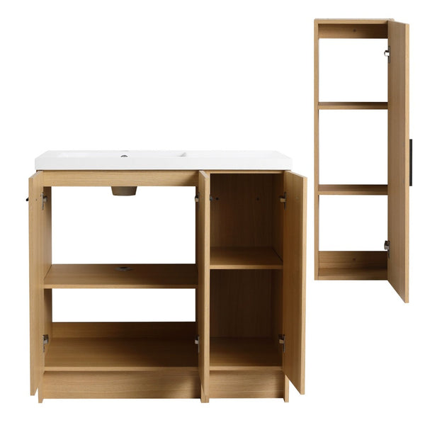 English Elm 36 Inch Bathroom Vanity Set with Linen Tower Resin Sink and Oak Finish Storage W3450S00101
