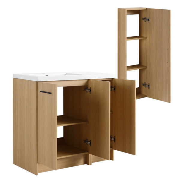 English Elm 36 Inch Bathroom Vanity Set with Linen Tower Resin Sink and Oak Finish Storage W3450S00101