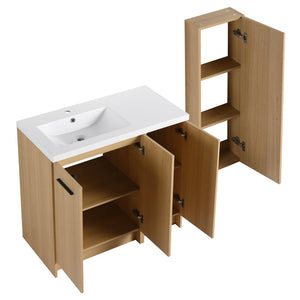 English Elm 36 Inch Bathroom Vanity Set with Linen Tower Resin Sink and Oak Finish Storage W3450S00101