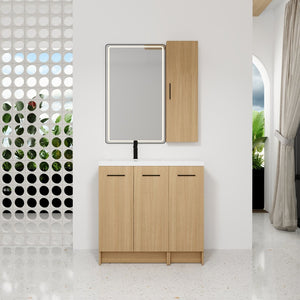 English Elm 36 Inch Bathroom Vanity Set with Linen Tower Resin Sink and Oak Finish Storage W3450S00101