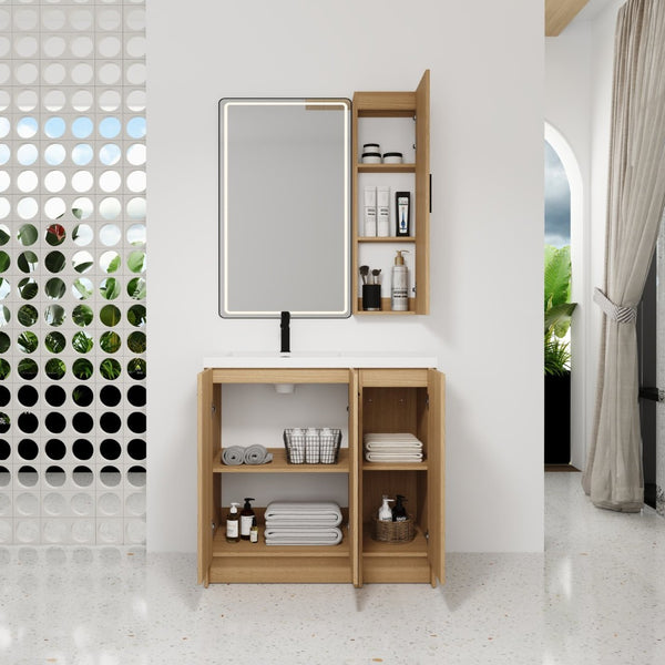 English Elm 36 Inch Bathroom Vanity Set with Linen Tower Resin Sink and Oak Finish Storage W3450S00101