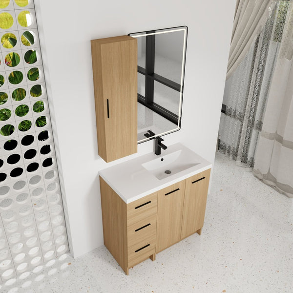 English Elm 36 Inch Freestanding Vanity Set with Linen Cabinet Resin Sink and Light Oak Finish Double-Door Storage W3450S00105