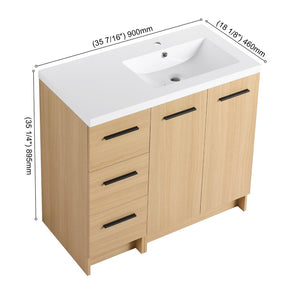 English Elm 36 Inch Freestanding Vanity Set with Linen Cabinet Resin Sink and Light Oak Finish Double-Door Storage W3450S00105