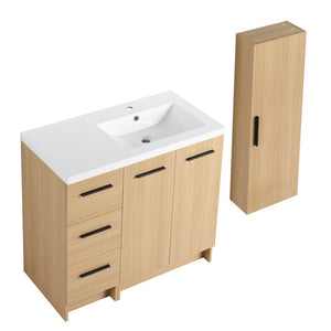 English Elm 36 Inch Freestanding Vanity Set with Linen Cabinet Resin Sink and Light Oak Finish Double-Door Storage W3450S00105