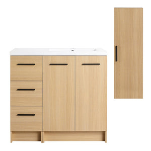 English Elm 36 Inch Freestanding Vanity Set with Linen Cabinet Resin Sink and Light Oak Finish Double-Door Storage W3450S00105
