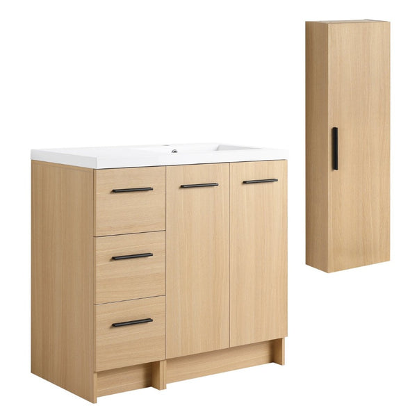 English Elm 36 Inch Freestanding Vanity Set with Linen Cabinet Resin Sink and Light Oak Finish Double-Door Storage W3450S00105