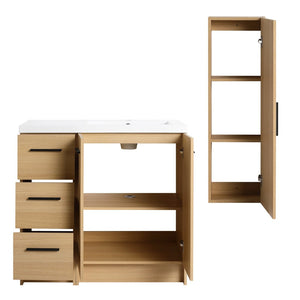 English Elm 36 Inch Freestanding Vanity Set with Linen Cabinet Resin Sink and Light Oak Finish Double-Door Storage W3450S00105