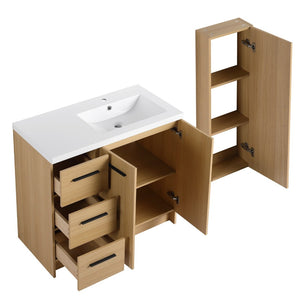 English Elm 36 Inch Freestanding Vanity Set with Linen Cabinet Resin Sink and Light Oak Finish Double-Door Storage W3450S00105