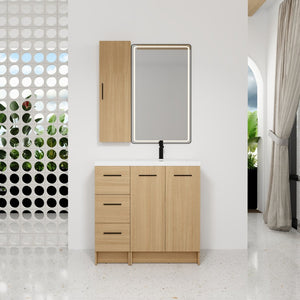 English Elm 36 Inch Freestanding Vanity Set with Linen Cabinet Resin Sink and Light Oak Finish Double-Door Storage W3450S00105