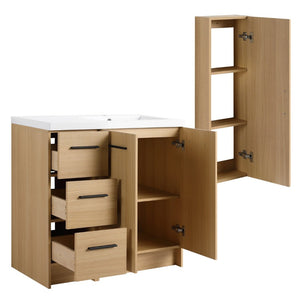 English Elm 36 Inch Freestanding Vanity Set with Linen Cabinet Resin Sink and Light Oak Finish Double-Door Storage W3450S00105