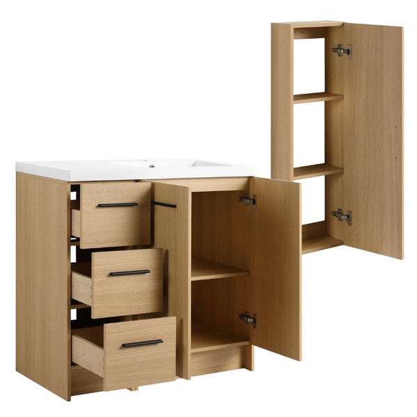 English Elm 36 Inch Freestanding Vanity Set with Linen Cabinet Resin Sink and Light Oak Finish Double-Door Storage W3450S00105