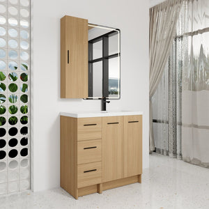 English Elm 36 Inch Freestanding Vanity Set with Linen Cabinet Resin Sink and Light Oak Finish Double-Door Storage W3450S00105