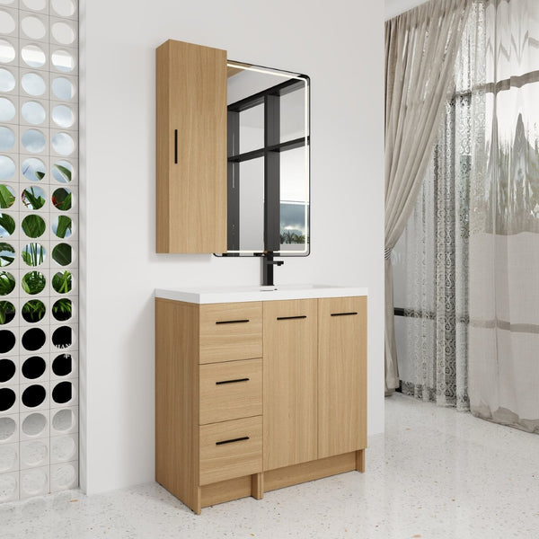 English Elm 36 Inch Freestanding Vanity Set with Linen Cabinet Resin Sink and Light Oak Finish Double-Door Storage W3450S00105