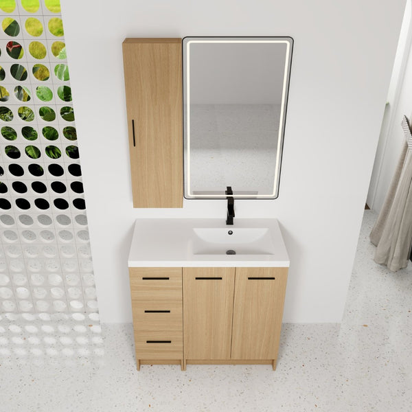 English Elm 36 Inch Freestanding Vanity Set with Linen Cabinet Resin Sink and Light Oak Finish Double-Door Storage W3450S00105