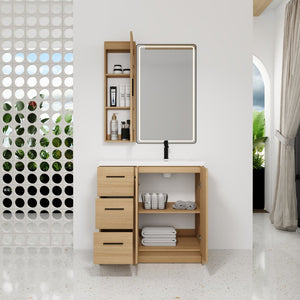 English Elm 36 Inch Freestanding Vanity Set with Linen Cabinet Resin Sink and Light Oak Finish Double-Door Storage W3450S00105