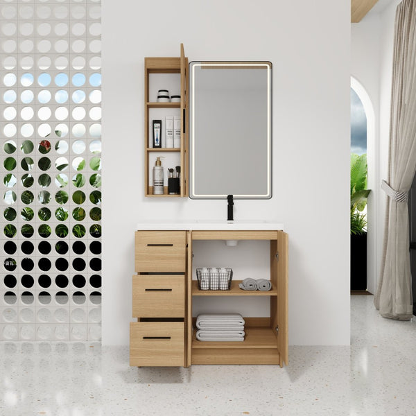 English Elm 36 Inch Freestanding Vanity Set with Linen Cabinet Resin Sink and Light Oak Finish Double-Door Storage W3450S00105