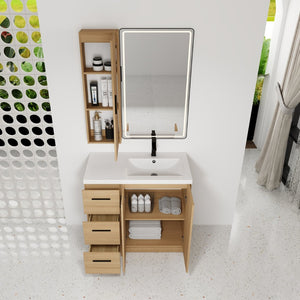 English Elm 36 Inch Freestanding Vanity Set with Linen Cabinet Resin Sink and Light Oak Finish Double-Door Storage W3450S00105