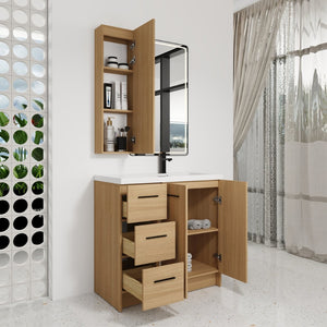 English Elm 36 Inch Freestanding Vanity Set with Linen Cabinet Resin Sink and Light Oak Finish Double-Door Storage W3450S00105