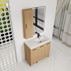 English Elm 36 Inch Freestanding Bathroom Vanity Set with Linen Tower Oak Grain Soft Close Doors W3450S00107