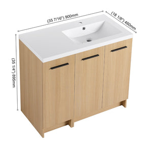 English Elm 36 Inch Freestanding Bathroom Vanity Set with Linen Tower Oak Grain Soft Close Doors W3450S00107