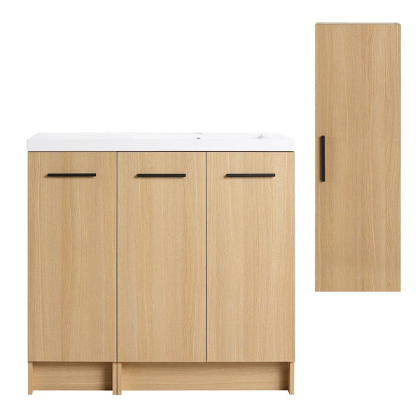 English Elm 36 Inch Freestanding Bathroom Vanity Set with Linen Tower Oak Grain Soft Close Doors W3450S00107