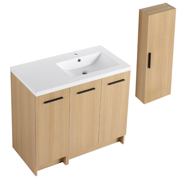 English Elm 36 Inch Freestanding Bathroom Vanity Set with Linen Tower Oak Grain Soft Close Doors W3450S00107