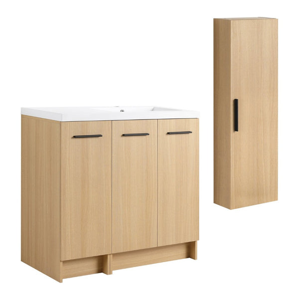 English Elm 36 Inch Freestanding Bathroom Vanity Set with Linen Tower Oak Grain Soft Close Doors W3450S00107