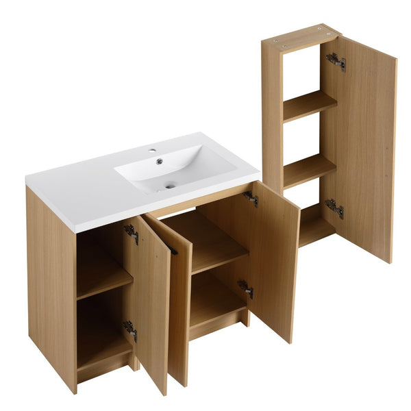 English Elm 36 Inch Freestanding Bathroom Vanity Set with Linen Tower Oak Grain Soft Close Doors W3450S00107