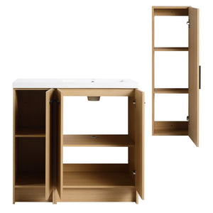 English Elm 36 Inch Freestanding Bathroom Vanity Set with Linen Tower Oak Grain Soft Close Doors W3450S00107