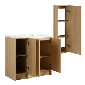 English Elm 36 Inch Freestanding Bathroom Vanity Set with Linen Tower Oak Grain Soft Close Doors W3450S00107