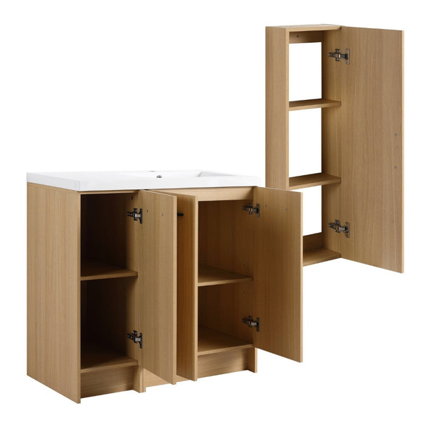 English Elm 36 Inch Freestanding Bathroom Vanity Set with Linen Tower Oak Grain Soft Close Doors W3450S00107