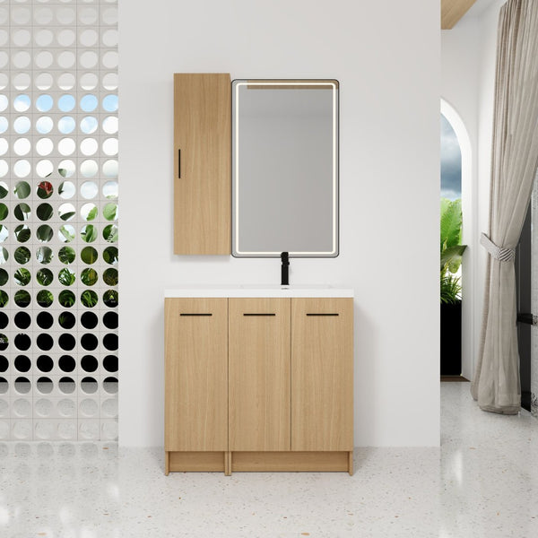English Elm 36 Inch Freestanding Bathroom Vanity Set with Linen Tower Oak Grain Soft Close Doors W3450S00107