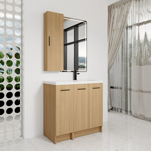 English Elm 36 Inch Freestanding Bathroom Vanity Set with Linen Tower Oak Grain Soft Close Doors W3450S00107